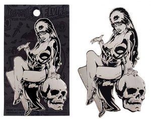 Elvira Silver Comic Skull Enamel Pin