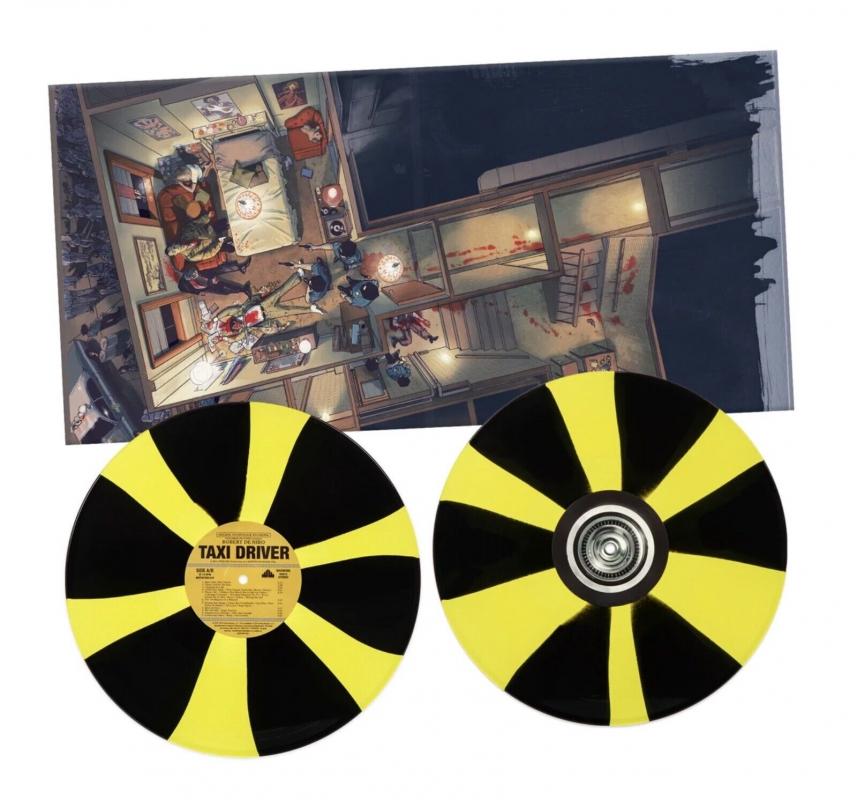 Taxi Driver Soundtrack Vinyl LP Bernard Herrmann 2 LP Set Taxi Cab Yellow Black Pinwheel Vinyl - Click Image to Close