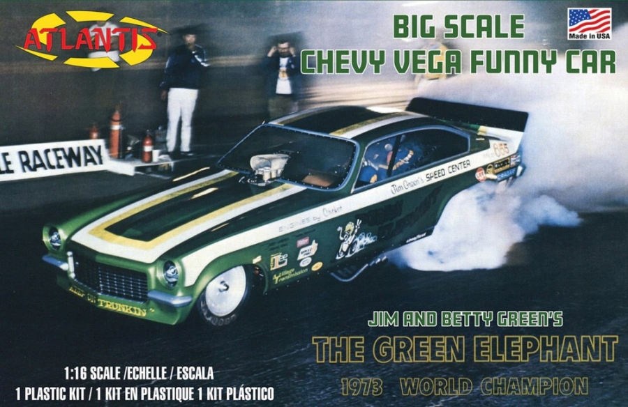 Green Elephant Vega Funny Car Extra Large 1/16 Scale Revell Re-Issue Model Kit by Atlantis - Click Image to Close