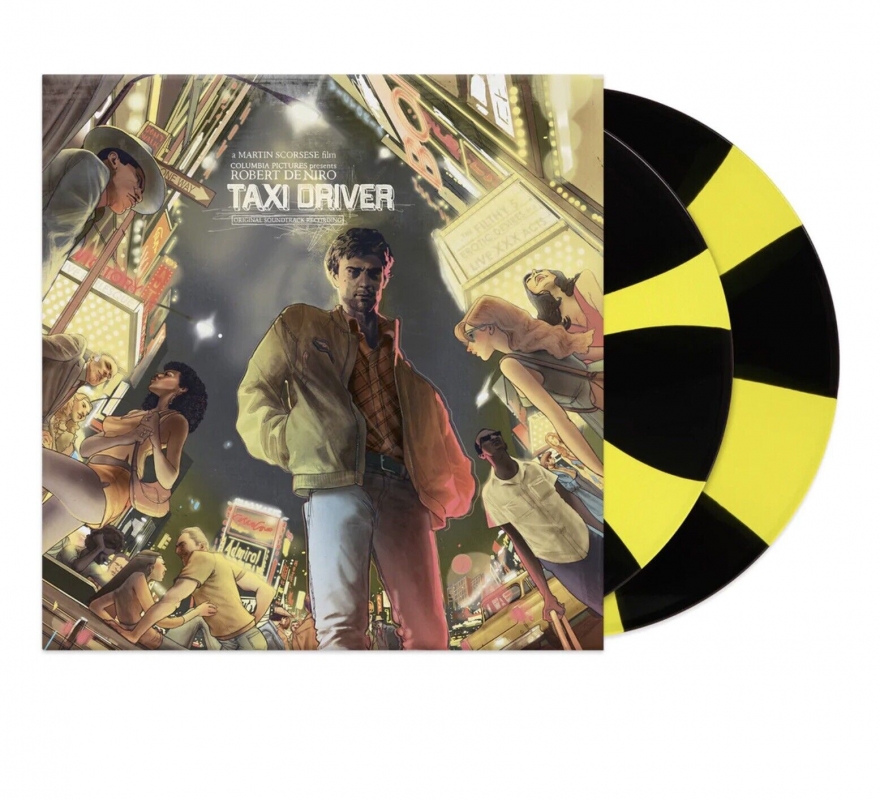 Taxi Driver Soundtrack Vinyl LP Bernard Herrmann 2 LP Set Taxi Cab Yellow Black Pinwheel Vinyl - Click Image to Close