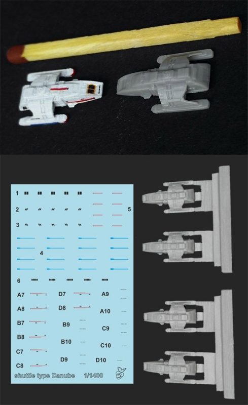 Star Trek TNG Danube Shuttle 1/1400 Scale 4 Pack Model Kit with Decals by Green Strawberry - Click Image to Close