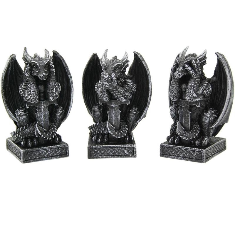 Dragon See Hear Speak No Evil Statues Set Of 3 - Click Image to Close