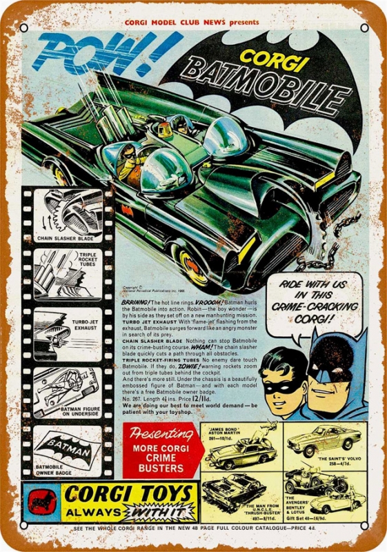 Batman 1966 Batmobile Corgi Toy Metal Sign 9" x 12" - Click Image to Close