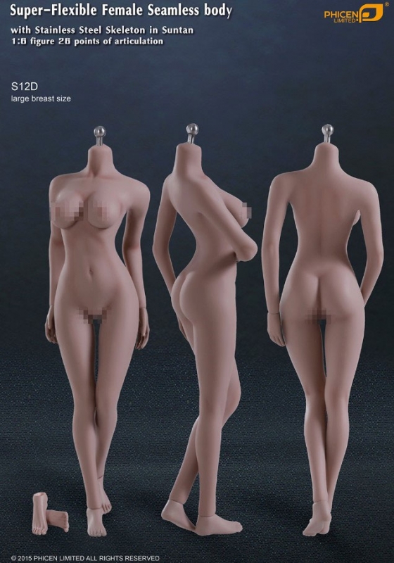 Female Body Super-Flexible Female Seamless 1/6 Scale Body with Stainless Steel Skeleton in Suntan/Large Breast by Phicen [PL-LB2015S12D](Removable Feet) - Click Image to Close