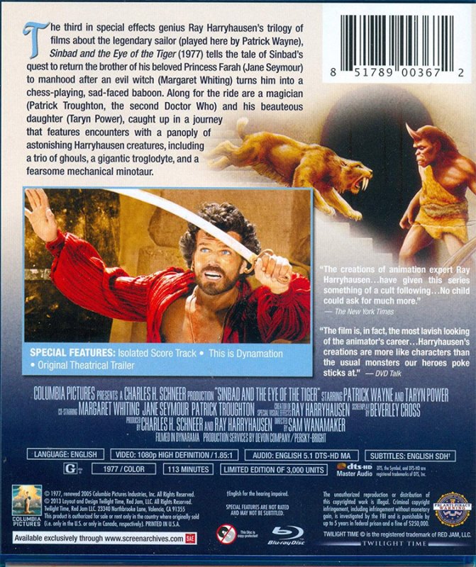 Sinbad and the Eye of the Tiger Rare Blu-Ray with Isolated Score by Roy Budd - Click Image to Close