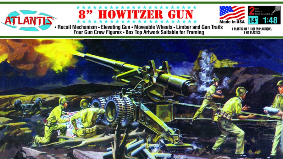US Army WWII 8" Howitzer Gun 1/48 Scale Plastic Model Kit by Atlantis - Click Image to Close