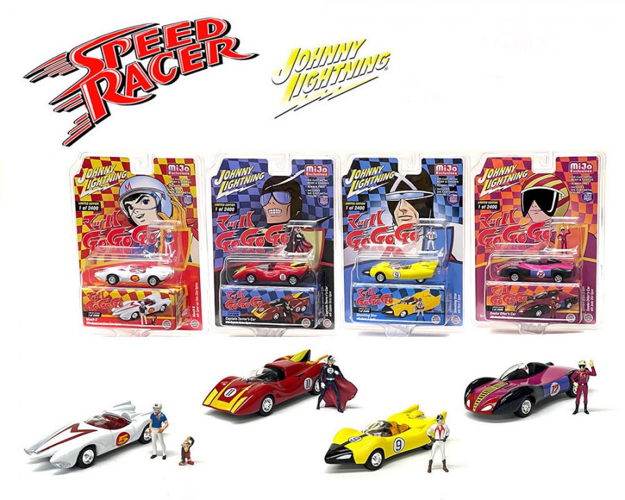 Speed Racer Cars Set of 4 1/64 Scale Diecast Cars with Figures Mach 5, Shooting Star - Click Image to Close