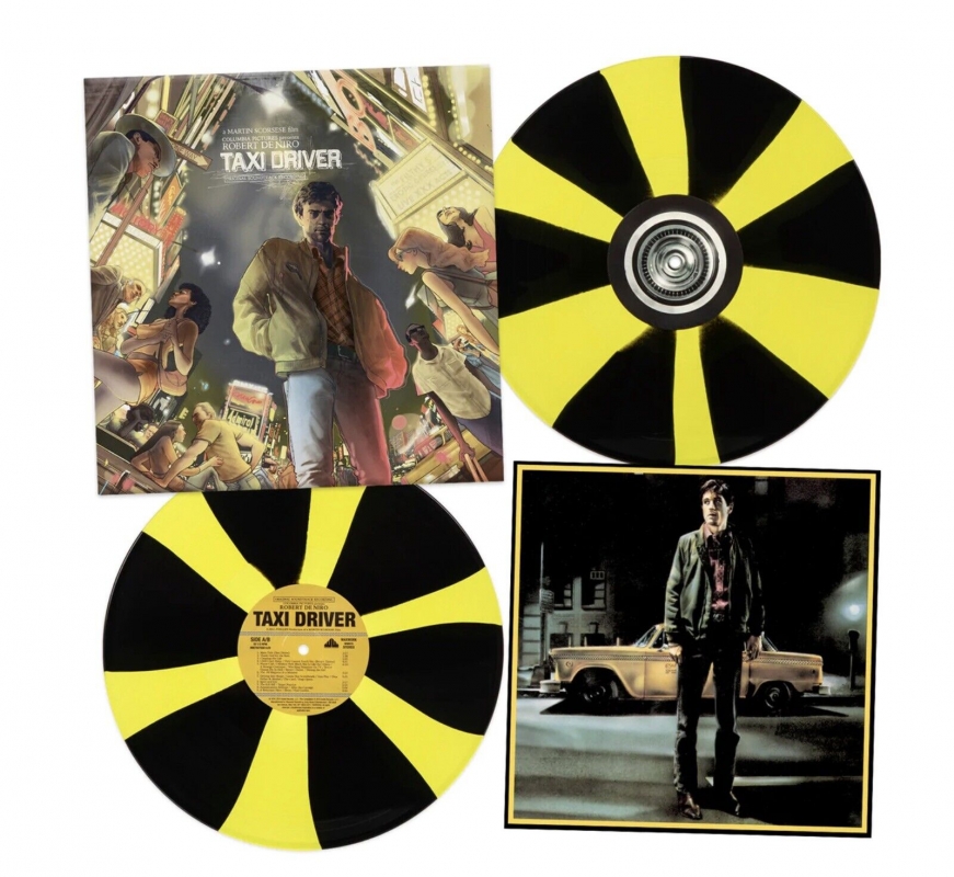 Taxi Driver Soundtrack Vinyl LP Bernard Herrmann 2 LP Set Taxi Cab Yellow Black Pinwheel Vinyl - Click Image to Close