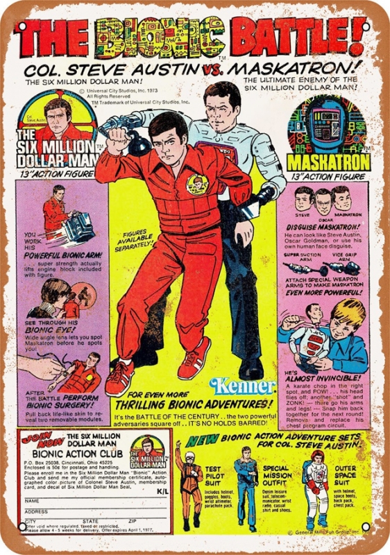 Six Million Dollar Man 1973 Toy Ad 9" x 12" Metal Sign - Click Image to Close