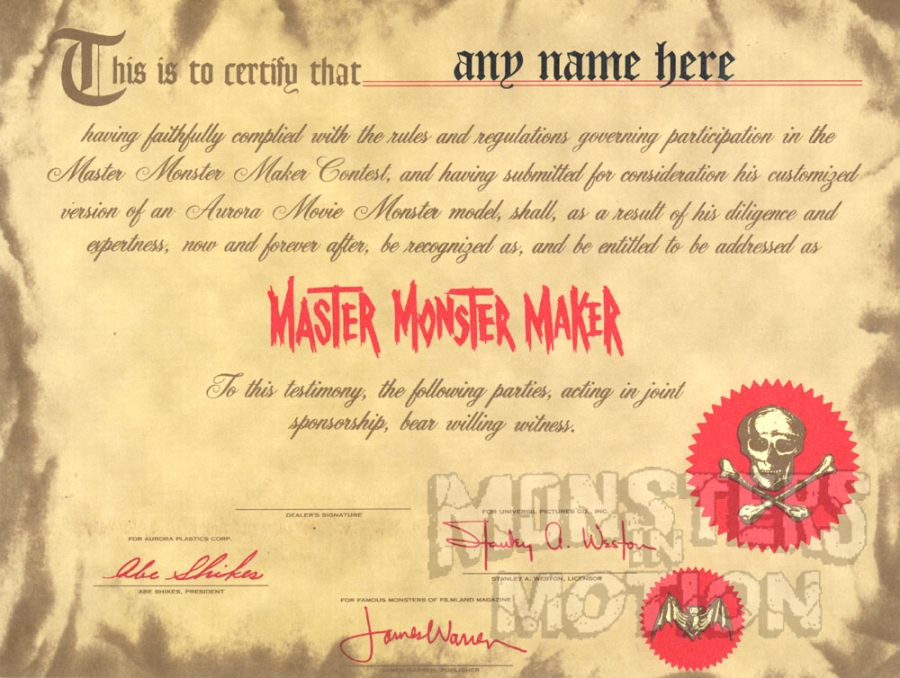 Aurora Master Model Maker Contest Certificate Reproduction - Click Image to Close