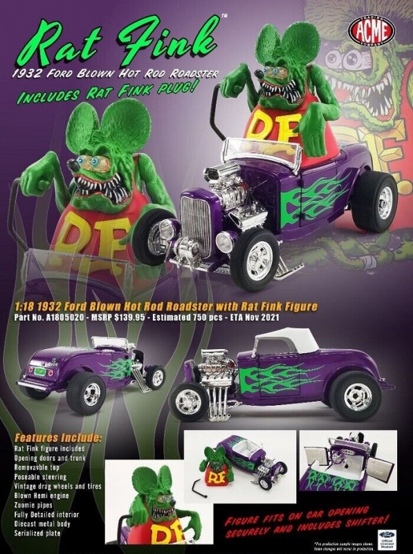 Rat Fink 1/18 Scale 1932 Ford Roadster and Figure Ed Big Daddy Roth - Click Image to Close