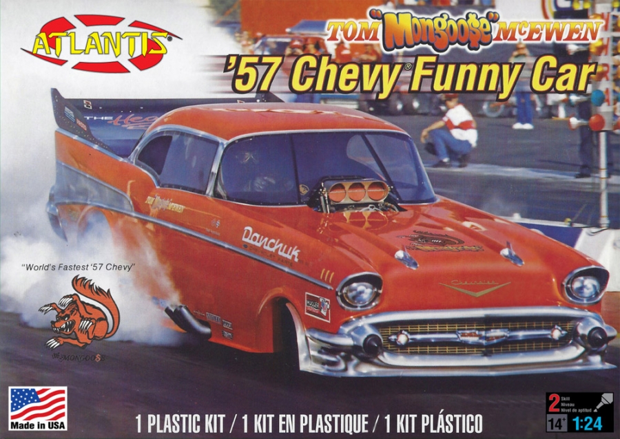 Tom Mongoose McEwen '57 Chevy Funny Car 1/24 Scale Model Kit by Atlantis - Click Image to Close