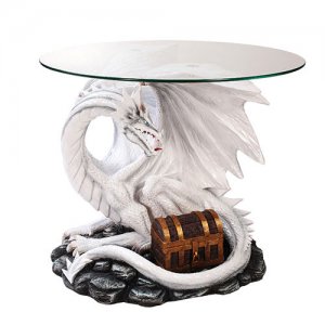 Dragon With Treasure 19" Tall Glass Top End Table