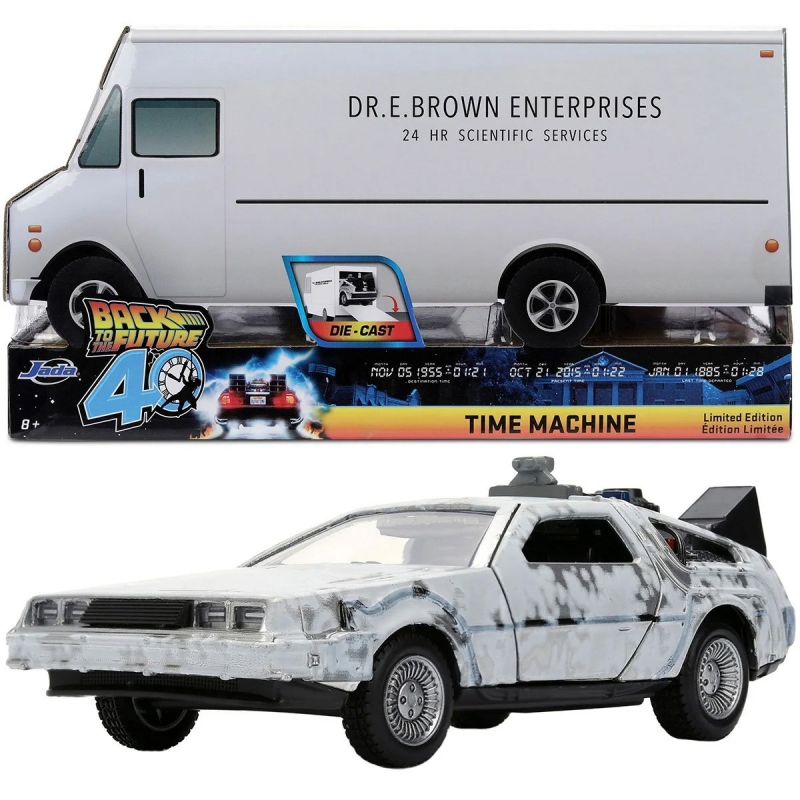 Back to the Future Delorean Time Machine 40th Anniversary 1:32 Scale Die-Cast Metal Vehicle with Doc Brown's Van - Click Image to Close