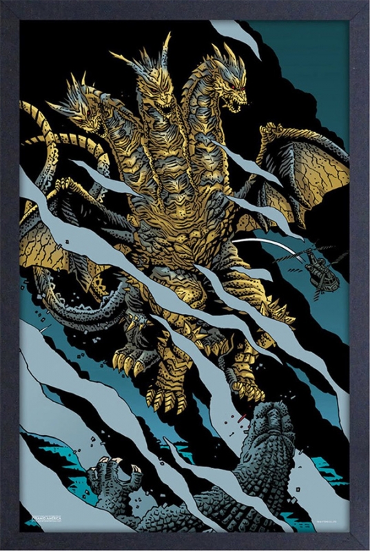 Godzilla Ghidorah Battle 13" X 19" Framed Art Print - Click Image to Close