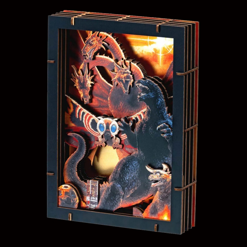 Godzilla 2001 GMK Wooden Paper Theater Display Model Kit Godzilla, Mothra and King Ghidorah Giant Monsters All-out Attack - Click Image to Close