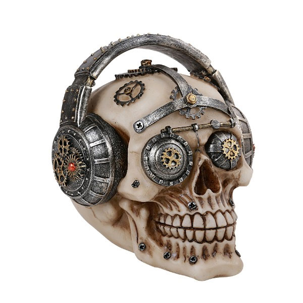 Steampunk Skull with Headphones Statue - Click Image to Close