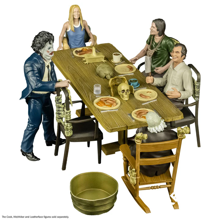 Texas Chainsaw Massacre (1974) COMPLETE Dinner Scene Playset! (Includes Grandpa, Sally, Cook, Hitchhiker and Pretty Leatherface Figures) - Click Image to Close