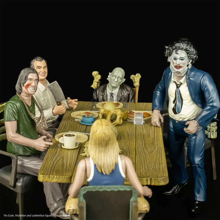 Texas Chainsaw Massacre (1974) COMPLETE Dinner Scene Playset! (Includes Grandpa, Sally, Cook, Hitchhiker and Pretty Leatherface Figures) - Click Image to Close