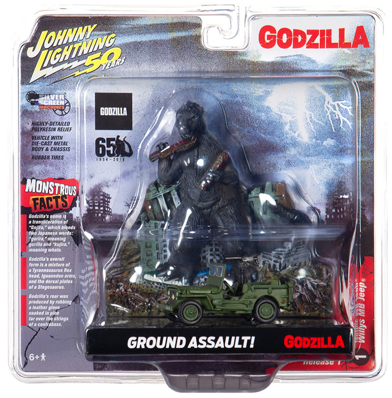 Godzilla Ground Assualt Facade with Willys MB 1/64 Die-cast Jeep by Johnny Lighting - Click Image to Close