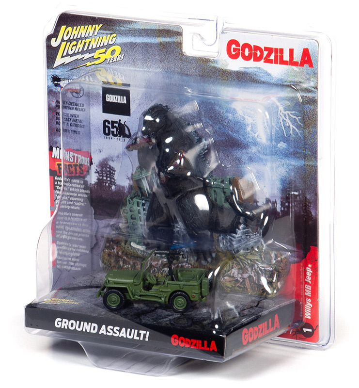 Godzilla Ground Assualt Facade with Willys MB 1/64 Die-cast Jeep by Johnny Lighting - Click Image to Close