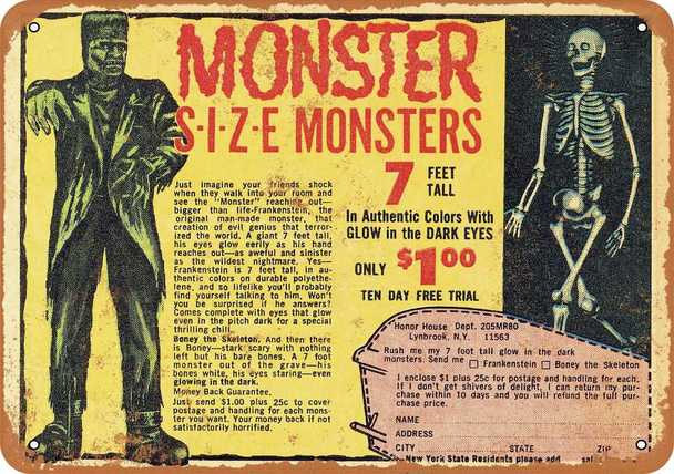 Monster Size Monsters 1967 Yellow Metal Sign 9" x 12" - Click Image to Close