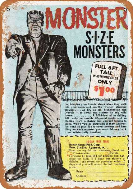 Monster Size Monsters White 1967 Metal Sign 9" x 12" - Click Image to Close