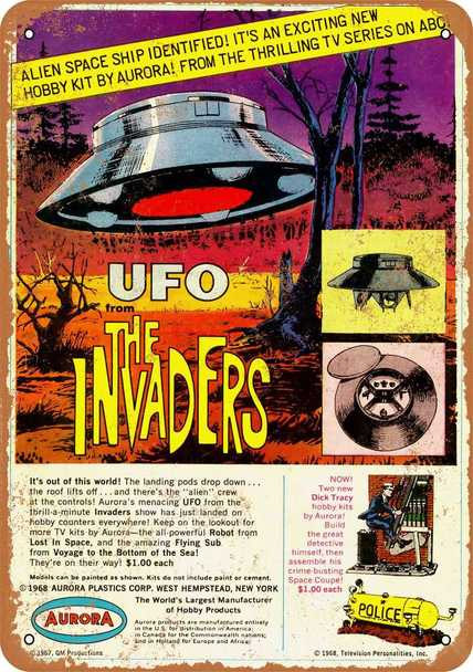 Invaders U.F.O. 1968 Aurora Model Kit Metal Sign 9" x 12" - Click Image to Close