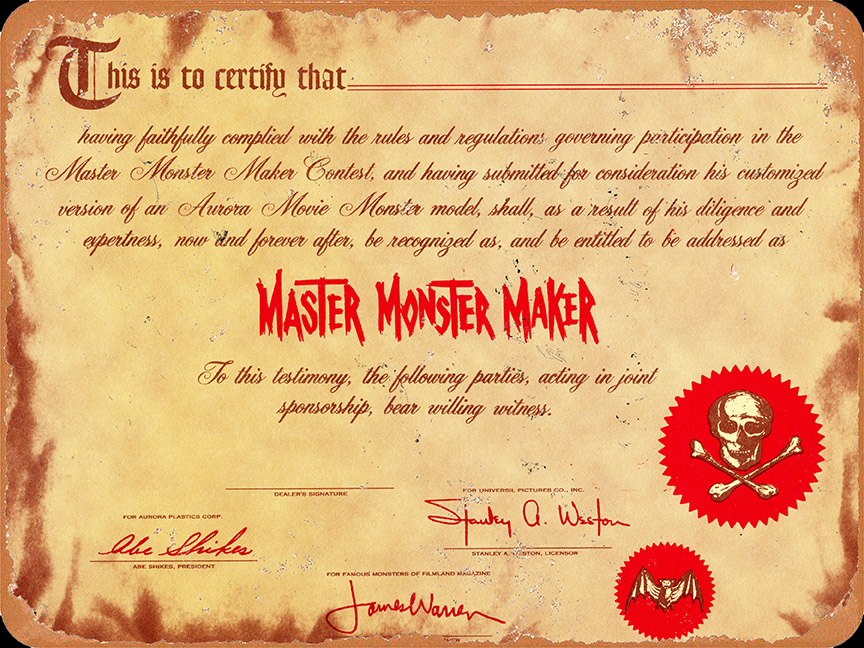 Aurora Model Kits Master Monster Maker Certificate 9" x 12" Metal Sign - Click Image to Close