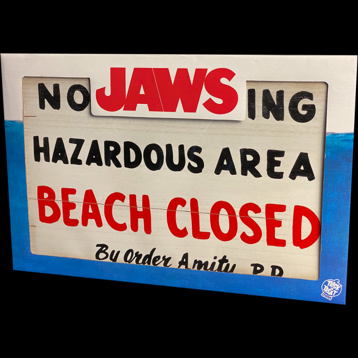 Jaws No Swimming Beach Closed Amity P.D. Wood Sign Prop Replica - Click Image to Close