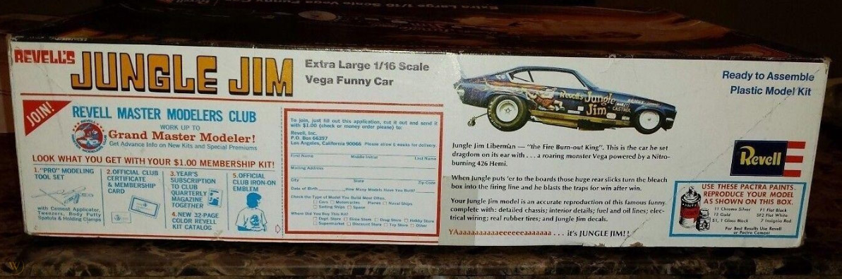 Jungle Jim Vega Funny Car Extra Large 1/16 Scale Revell Re-Issue Model Kit by Atlantis - Click Image to Close