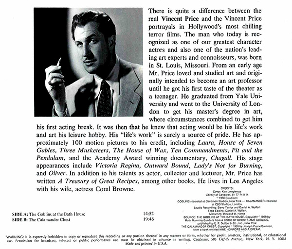 Goblins at the Bathhouse / Calamander Chest Read by Vincent Price CD - Click Image to Close
