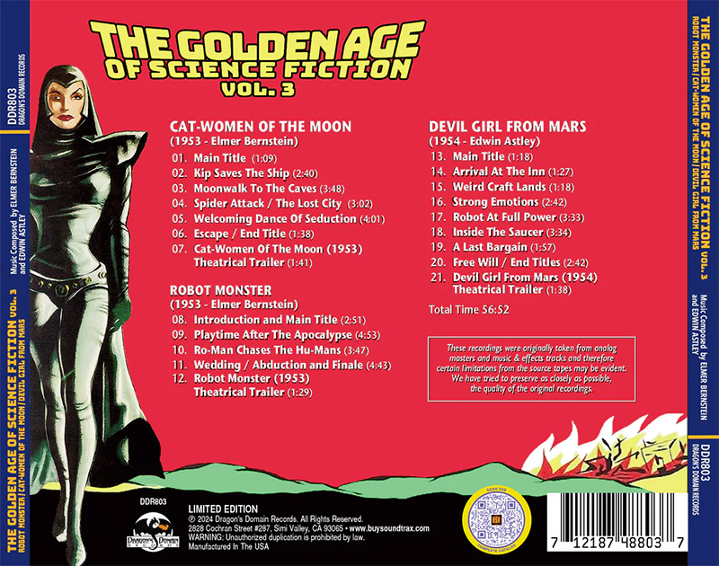 Golden Age of Science Fiction Vol. 3 Soundtrack CD Robot Monster, Devil Girl From Mars and Cat-Women of the Moon Elmer Bernstein - Click Image to Close