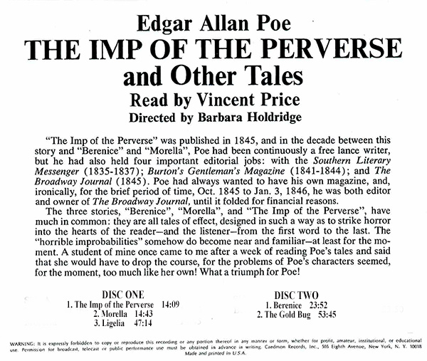 Imp of the Perverse and Other Edgar Allan Poe Tales Read by Vincent Price 2 CD SET - Click Image to Close
