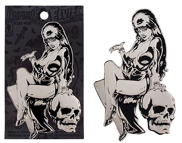 Elvira Silver Comic Skull Enamel Pin - Click Image to Close