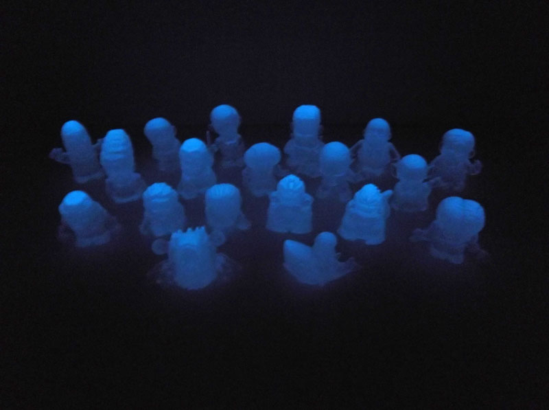 Mini Monsters 19-piece BLUE GLOW-IN-THE-DARK Resin Gumball Set - Click Image to Close