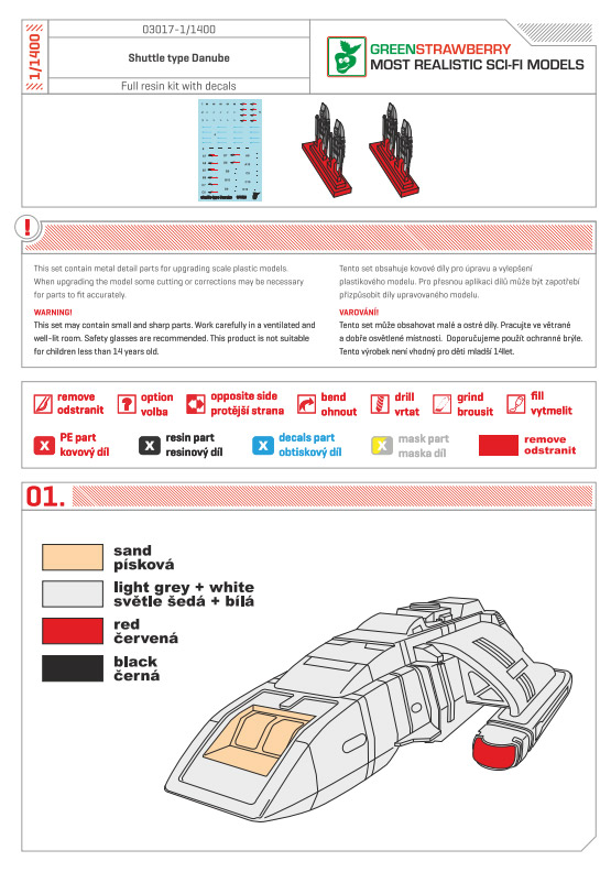 Star Trek TNG Danube Shuttle 1/1400 Scale 4 Pack Model Kit with Decals by Green Strawberry - Click Image to Close