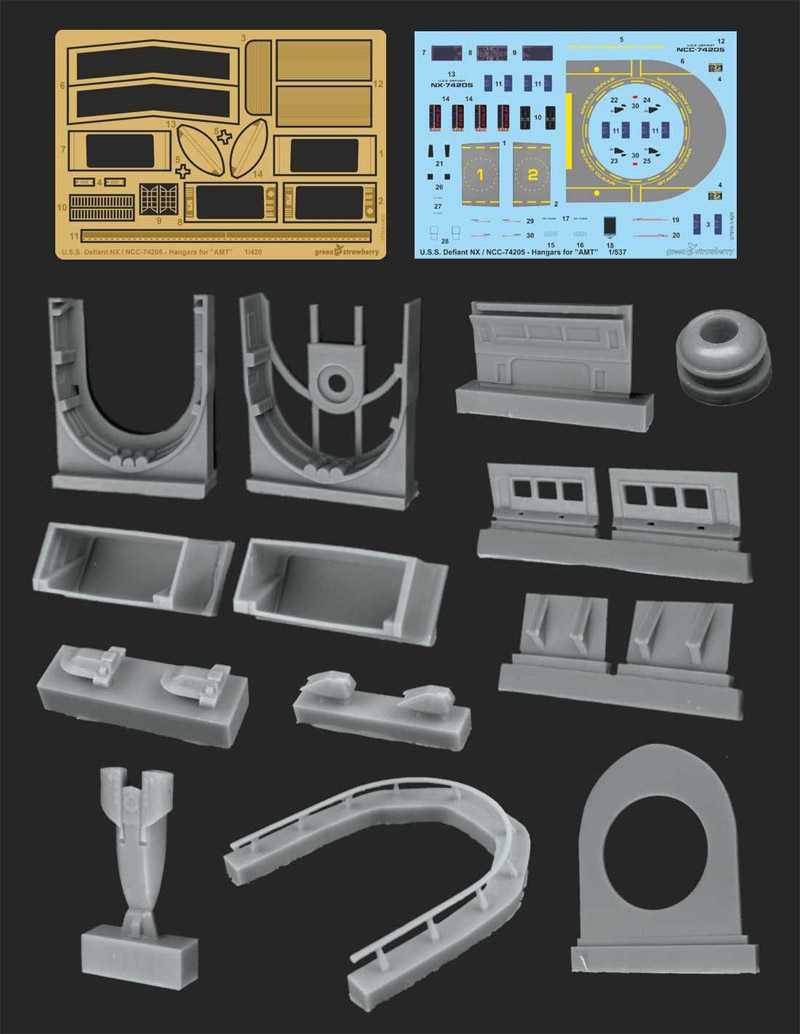 Star Trek Deep Space Nine U.S.S. Defiant 1/420 Scale Hangars Photoetch and Resin Detail Set by Green Strawberry - Click Image to Close
