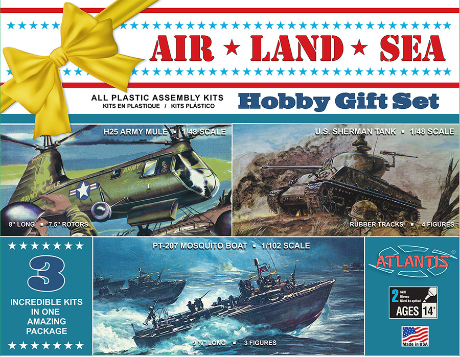 Air Land and Sea Hobby Gift Set Model Kit by Atlantis Sherman Tank, PT Boat and Helicopter - Click Image to Close