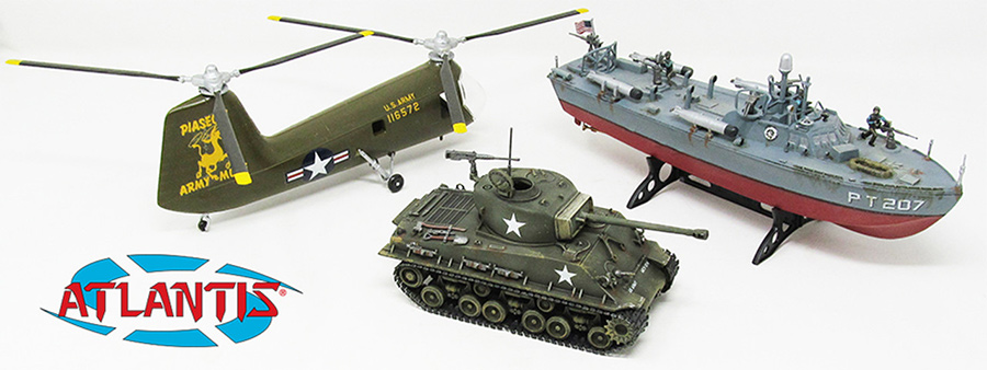 Air Land and Sea Hobby Gift Set Model Kit by Atlantis Sherman Tank, PT Boat and Helicopter - Click Image to Close