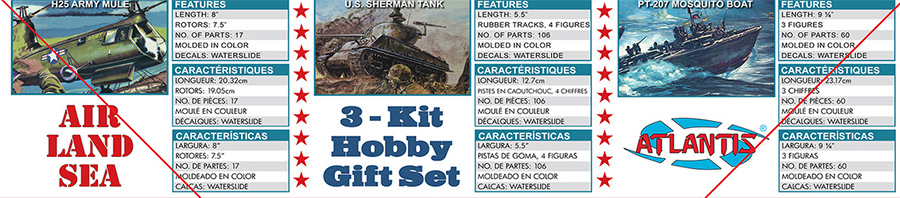 Air Land and Sea Hobby Gift Set Model Kit by Atlantis Sherman Tank, PT Boat and Helicopter - Click Image to Close